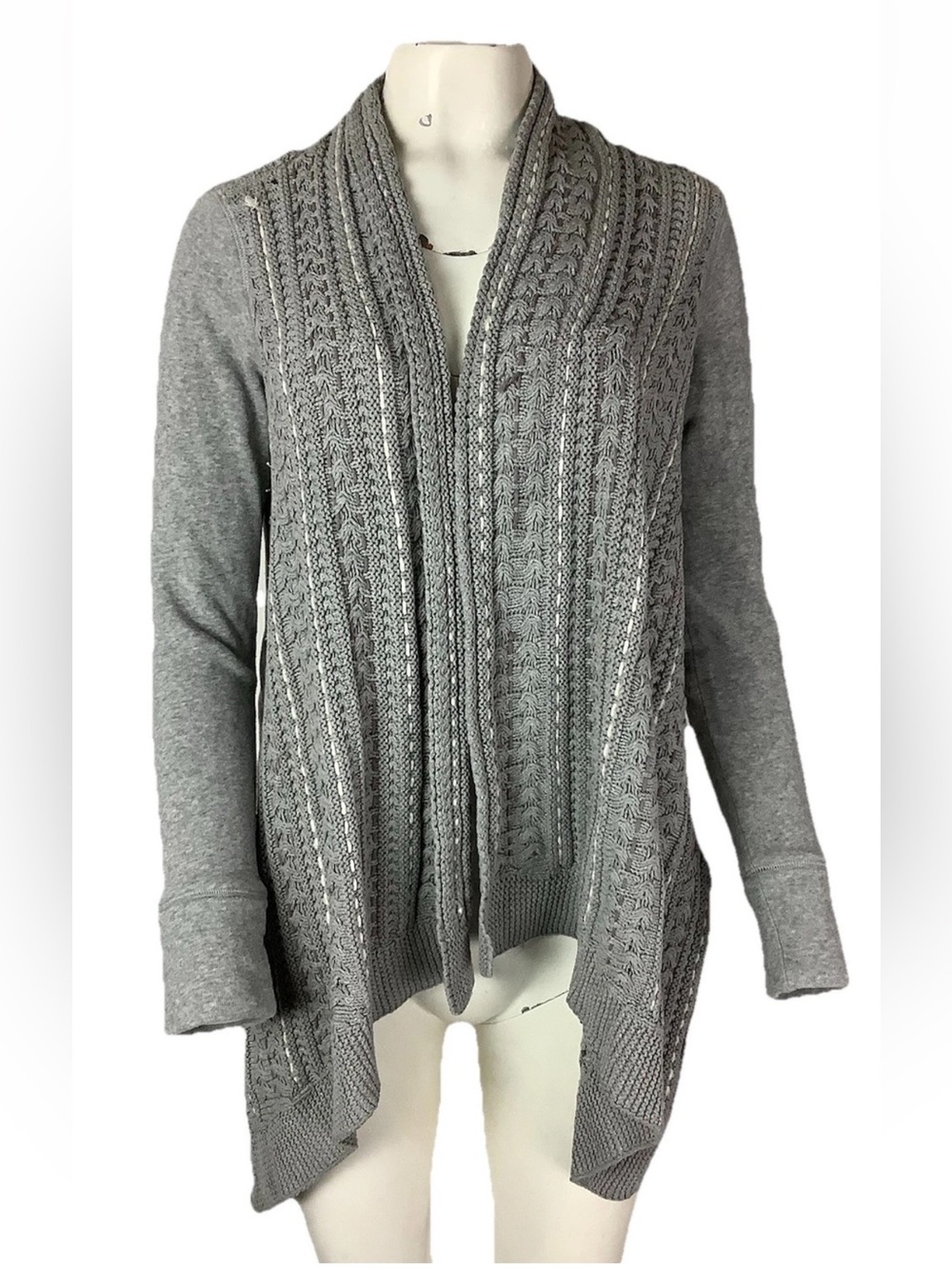 Anthropologie Sz S Crochet Look Open Face Asymmetric Cardigan Gray Boho